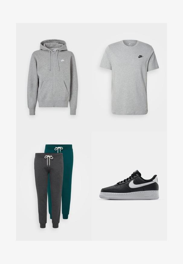 Grauer Kapuzenpullover mit Reißverschluss aus weichem Stoff. Verfügt über eine Kapuze mit Kordelzug, zwei Fronttaschen und ein kleines weißes Logo auf der Brust.; Graues T-Shirt mit kurzen Ärmeln aus Baumwolle, mit einem schwarzen Nike-Logo auf der Brust und einem runden Ausschnitt. Minimalistisches Design ohne Muster.; Zwei Paar Jogginghosen in Anthrazitgrau und Teal, aus weichem Stoff, mit elastischen Bündchen und Kordelzügen in Weiß.; Schwarze Ledersneaker mit strukturierten Oberflächen, weißem Nike-Swoosh, grauer Sohle, runder Zehenpartie und Schnürdesign. Verfügt über Perforationen an der Zehenbox.