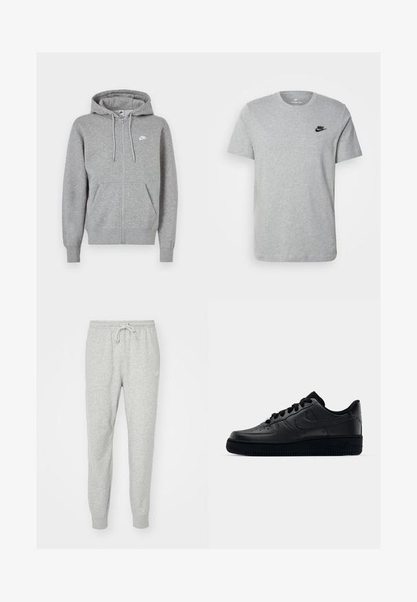 Grå hettegenser med glidelås laget av mykt stoff. Har snorstramming i hetten, to lommer foran, og en liten hvit logo på brystet.; Grå t-skjorte med kort erme laget av bomull, med en svart Nike-logo på brystet og rund halslinning. Minimalistisk design uten mønstre.; Grå joggebukser laget av mykt materiale med elastisk midjebånd, snøring i livet og ribbestrikkede mansjetter. Har en liten logo på siden.; Svart Nike Air Force 1-sneaker med en glatt skinnoverdel, perforert tå for pusteevne, svarte snørebånd og en teksturert gummisåle.