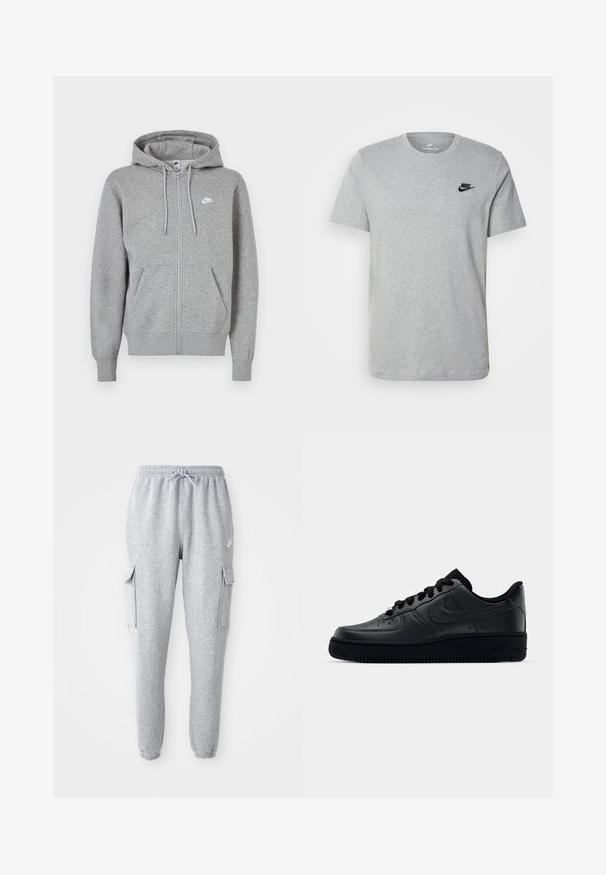Camisola cinzenta com fecho de correr, feita de tecido macio. Possui capuz com cordão, dois bolsos frontais e um pequeno logótipo branco no peito.; T-shirt cinza de manga curta em algodão, com um logo preto da Nike no peito e um decote redondo. Design minimalista sem padrões.; Calças de moletão cinzentas feitas de um tecido macio, com uma cintura elástica com cordão, dois bolsos laterais tipo cargo e punhos ajustados.; Sapatilha Nike Air Force 1 preta com parte superior em couro liso, bico perfurado para respirabilidade, atacadores pretos e sola de borracha texturizada.