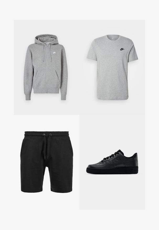 Hanorac gri cu fermoar, realizat dintr-un material moale. Dispune de o glugă cu șnur, două buzunare frontale și un mic logo alb pe piept.; Tricou gri cu mânecă scurtă, fabricat din bumbac, având un logo negru Nike pe piept și un decolteu rotund. Design minimalist, fără modele.; Şorturi negre din material texturat. Au talie elastică cu șnur și buzunare laterale. Design simplu, drept.; Adidașii negri Nike Air Force 1 cu un exterior din piele netedă, vârf perforat pentru respirabilitate, șireturi negre și o talpă din cauciuc texturată.