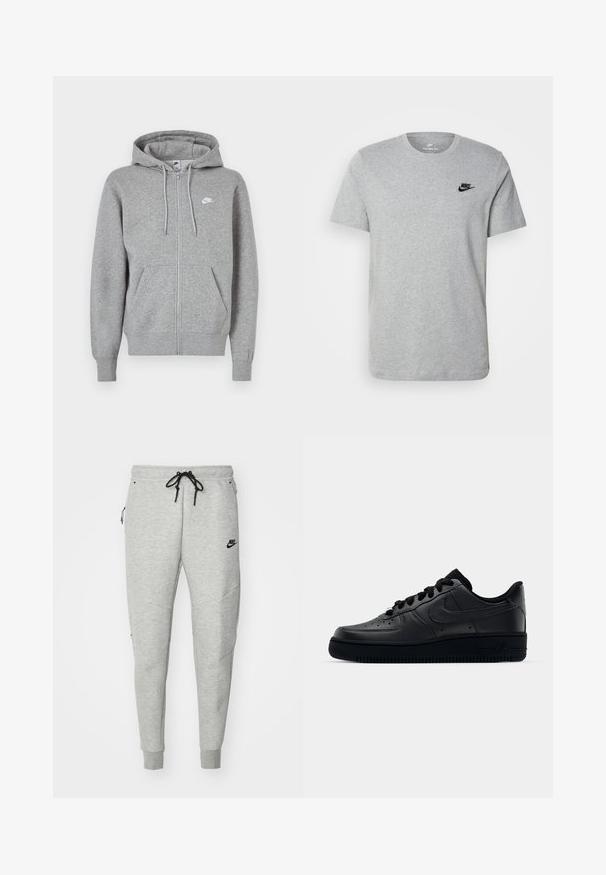 Pilkas užsegamas užtrauktuku džemperis, pagamintas iš minkštos medžiagos. Turi raištelį prie gaubto, dvi priekinės kišenės ir nedidelį baltą logotipą ant krūtinės.; Pilkas trumpas rankovėmis marškinėliai iš medvilnės, su juodu Nike logotipu krūtinėje ir apvaliu iškirpimu. Minimalistinis dizainas be raštų.; Pilkos sportinės kelnės su lygia tekstūra, elastiniu juosmeniu, reguliuojamu juodu raiščiu, dviem šoniniais kišenėmis ir mažo juodo logotipo detalėmis.; Juodi Nike Air Force 1 sportbačiai su lygia odine viršutine dalimi, perforuotu kepurėle kvėpuojamumui, juodomis raištelėmis ir tekstūruotu guminį padu.