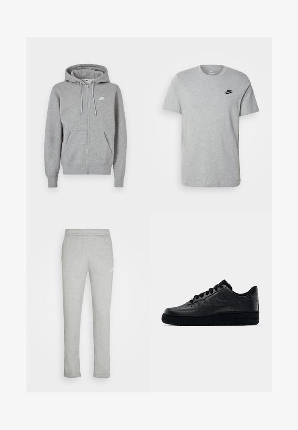Camisola cinzenta com fecho de correr, feita de tecido macio. Possui capuz com cordão, dois bolsos frontais e um pequeno logótipo branco no peito.; T-shirt cinza de manga curta em algodão, com um logo preto da Nike no peito e um decote redondo. Design minimalista sem padrões.; Calças de moletão cinzentas feitas de um tecido macio, com um corte reto, cintura elástica e um pequeno logotipo branco na coxa esquerda.; Sapatilha Nike Air Force 1 preta com parte superior em couro liso, bico perfurado para respirabilidade, atacadores pretos e sola de borracha texturizada.