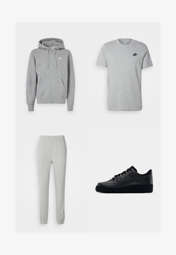 Szürke cipzáras kapucnis pulóver puha anyagból. Állítható kapucnival, két elülső zsebbel és egy kis fehér logóval a mellrészen.; Szürke, rövid ujjú póló, pamutból készült, fekete Nike logóval a mellkason és kerek nyakkivágással. Minimalista dizájn, minta nélkül.; Szürke joggers, puha anyagból, elasztikus derékkal és mandzsettákkal, az elején egy kisméretű kék Nike logóval.; Fekete Nike Air Force 1 sneaker sima bőr felsőrészével, perforált orrával a légáteresztés érdekében, fekete cipőfűzőkkel és textúrált gumitalppal.