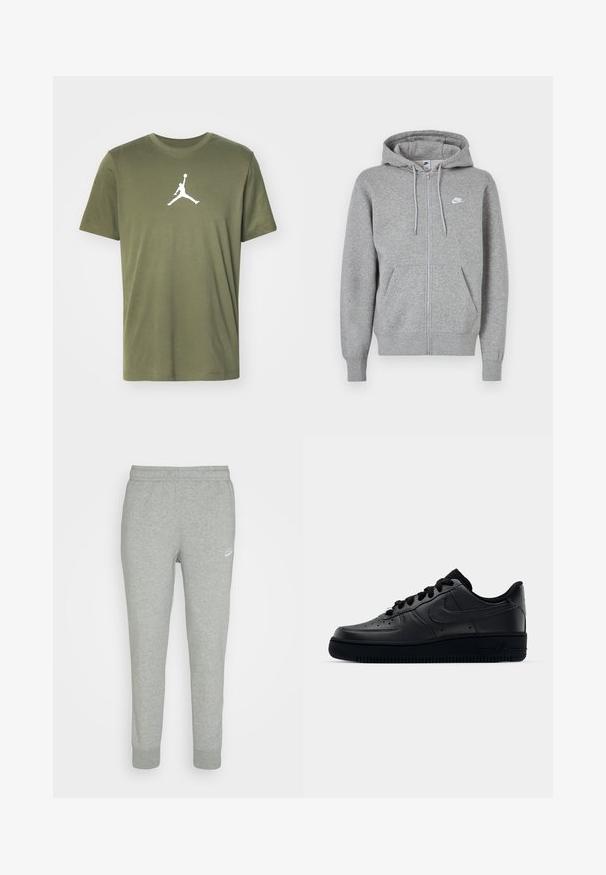 Grå hettegenser med glidelås laget av mykt stoff. Har snorstramming i hetten, to lommer foran, og en liten hvit logo på brystet.; Jordan JUMPMAN SHORT SLEEVE CREW - T-skjorte til trening - medium olive/white; Grå joggebukser laget av mykt stoff, med smalere bendesign, elastisk livlinning og liten hvit Nike-logo på venstre lår.; Svart Nike Air Force 1-sneaker med en glatt skinnoverdel, perforert tå for pusteevne, svarte snørebånd og en teksturert gummisåle.