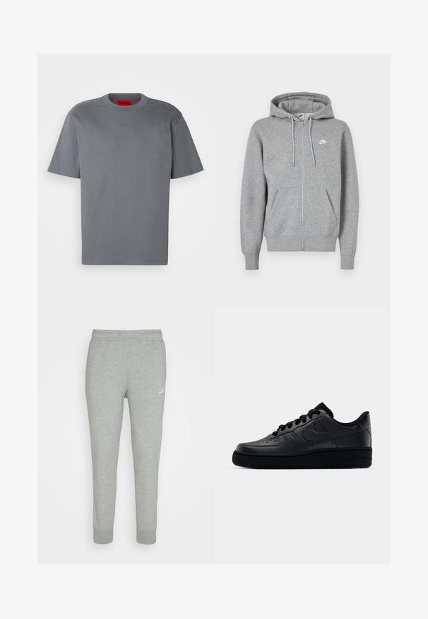Grijze hoodie met ritssluiting, gemaakt van zachte stof. Voorzien van een capuchon met trekkoord, twee zakken aan de voorkant en een klein wit logo op de borst.; Grijze katoenen t-shirt met korte mouwen. Heeft een ronde hals en een subtiel reliëflogo in het midden. Soepele textuur, minimalistisch ontwerp.; Grijze trainingsbroek van zacht materiaal, met een taps toelopend ontwerp, elastische tailleband en klein wit Nike-logo op de linker bovenbeen.; Zwarte Nike Air Force 1 sneaker met een gladde leren bovenkant, geperforeerde neus voor ademend vermogen, zwarte veters en een getextureerde rubberen zool.