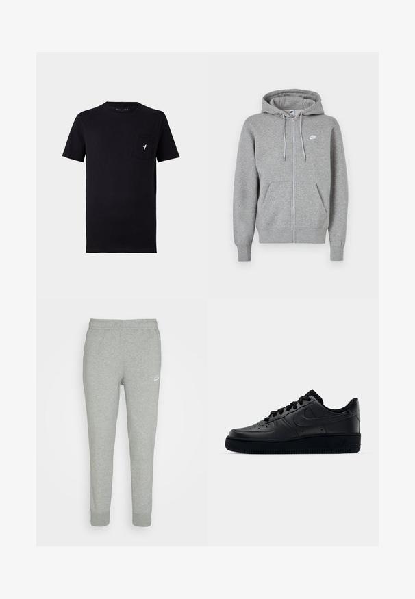 Grauer Kapuzenpullover mit Reißverschluss aus weichem Stoff. Verfügt über eine Kapuze mit Kordelzug, zwei Fronttaschen und ein kleines weißes Logo auf der Brust.; Schwarzes Baumwoll-T-Shirt mit kurzen Ärmeln, rundem Halsausschnitt und einer Brusttasche mit einem kleinen weißen Vogel-Logo. Weicher Stoff und einfaches Design.; Graue Sweatpants aus weichem Stoff, mit schmal zulaufendem Bein, elastischem Bund und kleinem weißen Nike-Logo am linken Oberschenkel.; Schwarzer Nike Air Force 1 Schuh mit einem glatten Lederoberteil, perforierter Zehenpartie für Atmungsaktivität, schwarzen Schnürsenkeln und einer strukturierten Gummisohle.