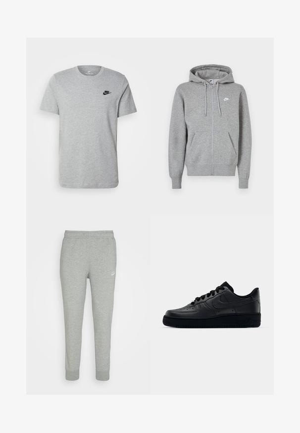 Šedá mikina na zip z měkké látky. Má kapuci se stahovací šňůrkou, dvě přední kapsy a malé bílé logo na hrudi.; Šedé tričko s krátkým rukávem vyrobené z bavlny, s černým logem Nike na hrudi a kulatým výstřihem. Minimalistický design bez vzorů.; Šedé tepláky vyrobené z měkké tkaniny, s designem tapered nohavic, elastickým pasem a malým bílým logem Nike na levé stehně.; Černé tenisky Nike Air Force 1 s hladkým koženým svrškem, perforovanou špičkou pro prodyšnost, černými tkaničkami a texturovanou gumovou podešví.