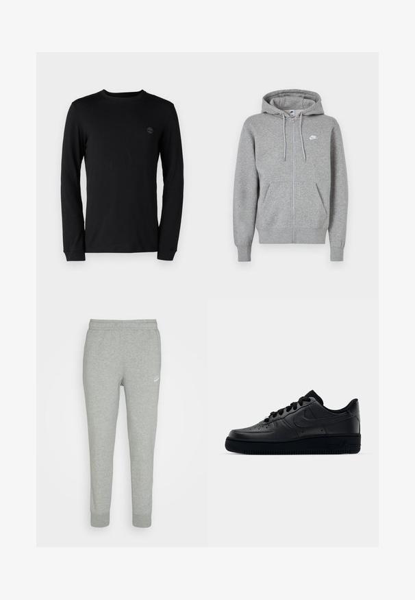 Siva jopa z zadrgo iz mehkega blaga. Ima kapuco z vrvico, dva sprednja žepa in majhen bel logotip na prsih.; Črna dolgrokavna majica iz mehkega bombaža, ki ima okroglo izrez in subtilen logotip na prsih. Opremljena s standardnimi manšeti.; Sive hlače iz mehkega blaga, ki imajo oblikovane noge, elastičen pas in majhen beli Nike logotip na levi stegnu.; Črne Nike Air Force 1 športne copate z gladkim usnjem, perforirano konico za zračnost, črnimi vezalkami in teksturirano gumijasto podplatom.