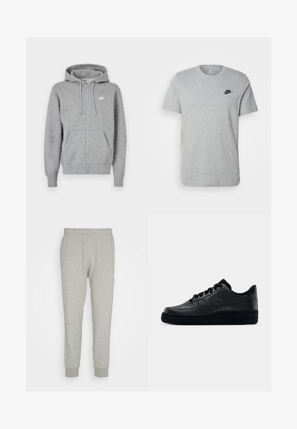 Camisola cinza com fecho éclair, feita de uma mistura de algodão, apresentando um capuz ajustável, bolsos canguru e um pequeno logótipo branco no lado esquerdo do peito.; T-shirt cinza de manga curta em algodão, com um logo preto da Nike no peito e um decote redondo. Design minimalista sem padrões.; Sweatpants cinzentos feitos de um suave tecido de misto de algodão, com uma cintura elástica, punhos canelados e um pequeno detalhe de logotipo na frente.; Sapatilha Nike Air Force 1 preta com parte superior em couro liso, bico perfurado para respirabilidade, atacadores pretos e sola de borracha texturizada.