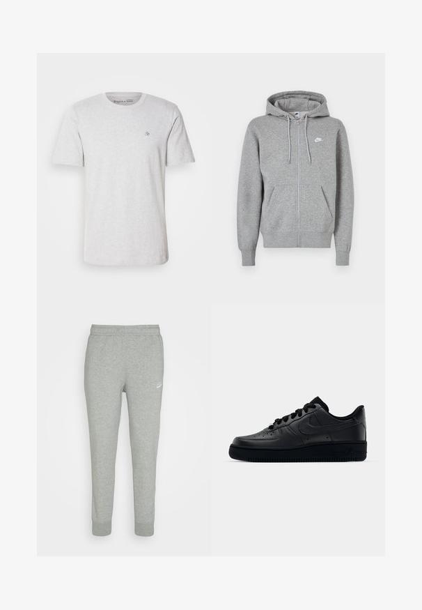 Šedá mikina na zip z bavlněné směsi, s kapucí na šňůrku, klokankovými kapsami a malým bílým logem na levém hrudi.; Světlá šedá bavlněná tričko s krátkým rukávem, kruhovým výstřihem a vyšitým logem na hrudi. Měkká textura a standardní střih.; Šedé tepláky vyrobené z měkké tkaniny, s designem tapered nohavic, elastickým pasem a malým bílým logem Nike na levé stehně.; Černé tenisky Nike Air Force 1 s hladkým koženým svrškem, perforovanou špičkou pro prodyšnost, černými tkaničkami a texturovanou gumovou podešví.