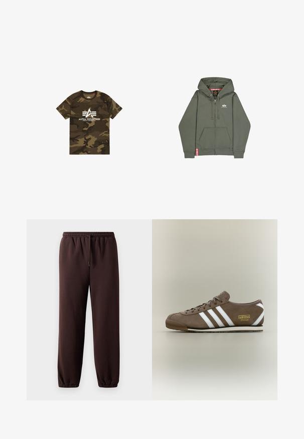 Oliven grønn zip-up hettegenser laget av mykt bomullsmateriale. Har en frontlomme, snøring i hetten, og rødt merke på siden.; Camo-mønster T-skjorte i nyanser av grønn og brun, med en hvit "ALPHA INDUSTRIES" logo. Laget av myk stoff, med korte ermer.; Brune joggebukser med snor i midjen, elastiske mansjetter og glatt bomullsmateriale. Har en avslappet passform og minimalistisk design.; Brun semsket joggesko med tre hvite striper, flat gummisåle, rund tå og gullfarget "adidas Italia"-logo på siden.