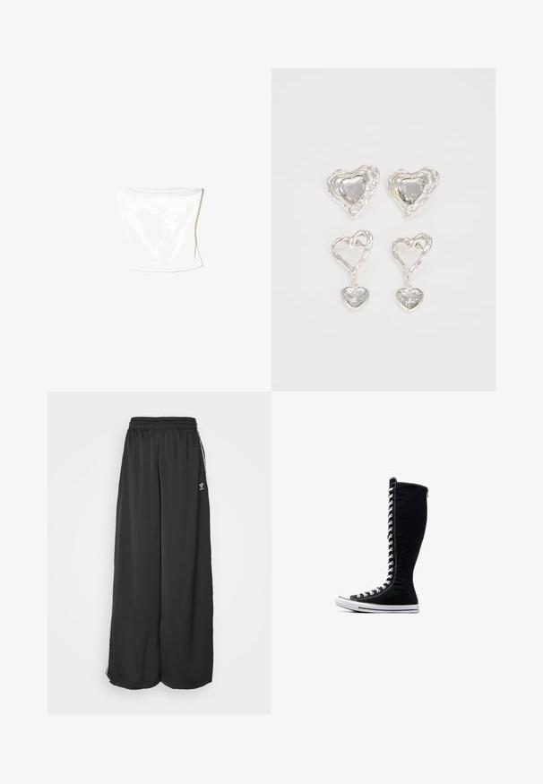 Himmelblaue Kapuzenjacke mit Reißverschluss, Kängurutasche, Kordelzugkapuze und gerippten Bündchen. Hergestellt aus weichem, strukturiertem Stoff mit glatter Oberfläche.; Weißes, eng anliegendes Trägertop aus glattem Stoff. Es hat eine schlichte Form ohne auffällige Muster oder Beschläge und zeichnet sich durch ein weiches, nahtloses Design aus.; Schwarze, locker sitzende Jogginghosen aus glattem Material. Mit elastischem Bund und seitlichen Streifen mit Logo-Akzenten.; Schwarze High-Top-Sneaker mit hohem Design, aus Canvas. Sie verfügen über weiße Schnürsenkel, Nähte und eine Gummisohle mit einer Zehenkappe.; Silberne herzförmige Ohrringe mit facettierten klaren Steinen und einem strukturierten Rahmen. Das Set umfasst Stecker- und Anhänger-Stile.