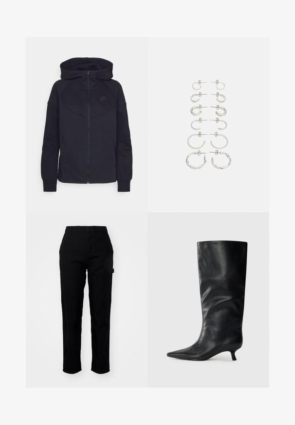 Melnā rāvējslēdzēja sudraba džemperis, kas izgatavots no mīksta auduma, ar augstu apkakli, kapuci un sānu rāvējslēdzēja kabatām; krūtīs ir mazs melns Nike logotips.; Trīs bezpiedurkņu krekli zilā, melnā un baltā krāsā. Audums ir ribots ar apaļu kakla izgriezumu. Katram kreklam ir birka ar uzrakstu "even&odd."; Carhartt WIP PIERCE PANT - Auduma bikses - black; Melnas zamšādas līdz ceļiem augstas kurpes ar norādītu pirkstu un zemu kaķēnu papēdi, izvietotas uz vienkārša gaiša fona.; Sudraba auskari komplekts, kurā ietilpst dažādi dizaini: plānas gredzeni, teksturētas malas un savērpti stili. Ietver stīpu un auskaru iespējas.