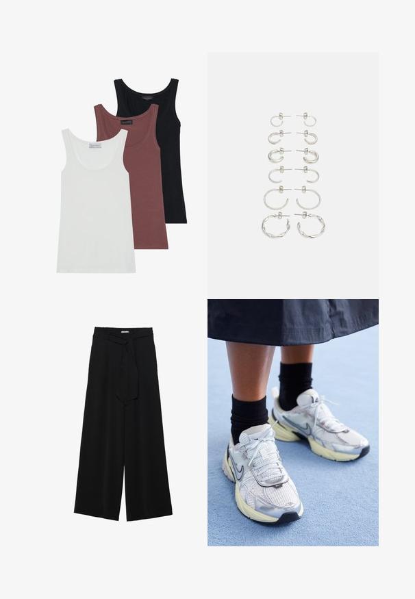 Hanorac negru cu fermoar, confecționat dintr-un material moale, cu guler înalt, glugă și buzunare laterale cu fermoar; include un mic logo Nike negru pe piept.; Trei maieuri fără mâneci, în alb, burgund și negru. Fiecare are un decolteu rotund și bretele subțiri, fiind realizat dintr-un material moale și elastic.; Pantaloni largi negri dintr-un material texturat, cu un tiv elastic și o panglică detașabilă la talie pentru un fit ajustabil.; Adidași Nike albi și argintii, cu material din plasă, accente reflexive și talpă bej. Purtați cu șosete negre, stând pe o suprafață albastră.; Set de cercei din argint cu diferite modele: cercuri subțiri, margini texturate și stiluri răsucite. Include opțiuni de cercei tip stud și cercei cerc.