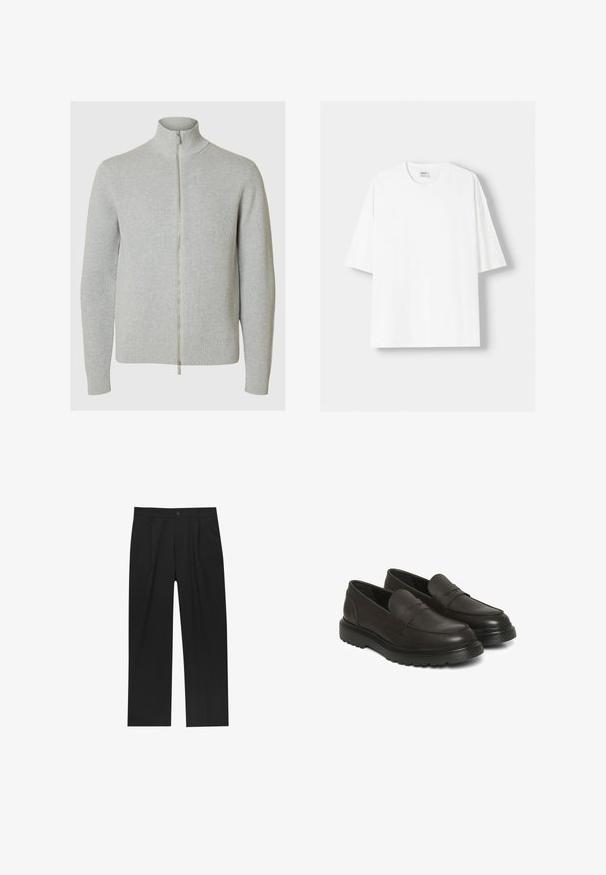 Vaaleanharmaa vetoketjullinen villapaita, jossa on korkea kaulus, ribattu pinta ja istuvat hihat. Edessä on sileä vetoketju kiinni laittamista varten.; Valkoinen lyhythihainen t-paita, joka on valmistettu puuvillasta, ominaisuutenaan pyöreä pääntie ja rento istuvuus. Sileä pinta, ilman näkyviä kuvioita tai yksityiskohtia.; Mustat housut suoranlahkeisella muotoilulla, valmistettu sileästä kankaasta. Ominaisuuksiin kuuluu etupleateet ja yksi nappikiinnitys vyötäröllä.; Mahalaga ng katad na kayumanggi na slip-on na sapatos na may makinis na tapusin, pinadagdagang kwelyo, at may disenyong may tekstura. Mayroong itim na goma na talampakan na may guhit na pattern.