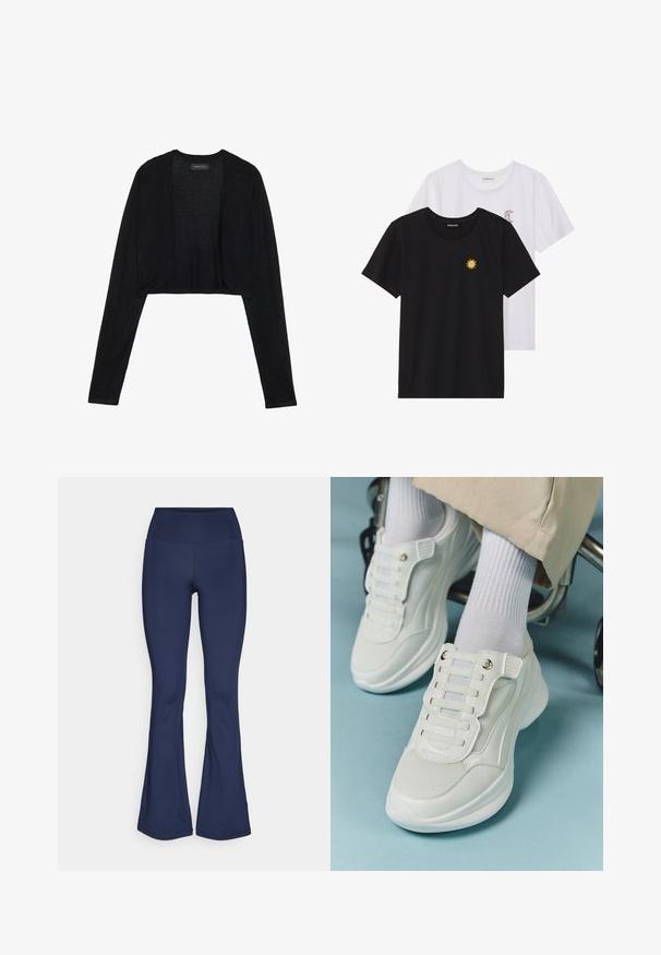 Black cropped cardigan with long sleeves, made of lightweight knit fabric. Features open-front design and rounded edges.; Black and white T-shirts, round neck, short sleeves. Black shirt features yellow sun embroidery; white has purple crescent moon accent.; Navy blue flared leggings made from stretchy fabric with a high waistband, smooth texture, and no visible patterns or hardware details.; White sneakers featuring a mesh material, rubber sole, lace-free design with elastic bands, and gold-toned accents.