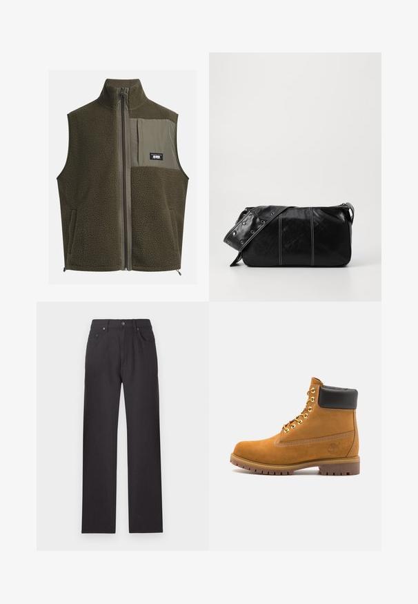 Fleecevest i mørk olivengrønn med høy krage, glidelås og lomme på venstre bryst. Har teksturert stoff og sidelommer.; Kremfarget bomulls T-skjorte med korte ermer og rund hals. Har et grafisk trykk i blått og rødt med tekst og et motiv.; Sorte denimbukser med rett snitt, synlige sømmer, fem lommer og knappelukk ved livet. Glatt tekstur.; Beige semskede ankelstøvel med svart polstret krage, gullmetalløyer, hvite sømdetaljer og robust gummisåle med påfallende mønster.; Svart lær skulderveske med glidelås, med teksturert overflate, hvite sømmer og en stropp med sølvringer.