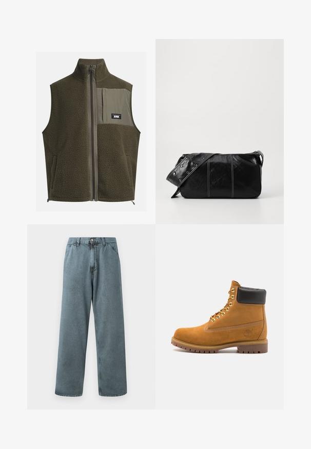 Chaleco de forro polar en verde oliva oscuro con cuello alto, cierre de cremallera y bolsillo en el pecho izquierdo. Presenta tejido texturizado y bolsillos laterales.; Camiseta de algodón crema con mangas cortas y cuello redondo. Presenta un estampado gráfico en azul y rojo con texto y un motivo.; Pantalones de mezclilla de color azul claro con un ajuste recto, que cuentan con un cierre clásico de botón y un diseño de cinco bolsillos. Textura suave y detalles de costura mínimos.; Botín de ante marrón claro con collar acolchado negro, ojales de metal dorado, detalles de costura blanca y suela de goma resistente con tacos pronunciados.; Bolso de hombro de cuero negro con cierre de cremallera, que presenta un cuerpo texturizado, costuras blancas y una correa con ojales plateados.