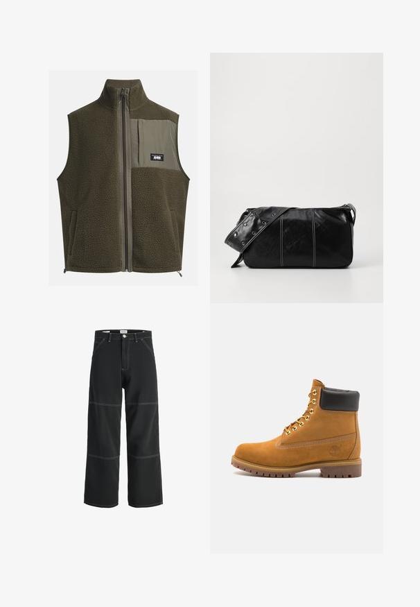 Fleeceveste i mørk olivengrøn med høj krave, lynlås lukning og venstre brystlomme. Har struktureret stof og sidelommer.; Kerman puuvillane T-särk lühikeste varrukatega ja ümmarguse kaelusega. Omab sinist ja punast graafilist trükist tekstiga ja motiiviga.; Mustat leveät housut, jotka on valmistettu kestävästä kankaasta. Niissä on kontrastiväriset valkoiset tikkaukset, kaksi etutaskua ja yksinappinen vyötärönauhan suljenta.; Valkoinen nahkainen nilkkuri mustalla pehmustetulla kauluksella, kultaisilla metallisilla rei'illä, valkoisella ompeluksella ja jykevällä kumipohjalla, jossa on selvästi näkyvät urat.; Mustakulmainen nahkainen olkalaukku, jossa on vetoketjukiinnitys, teksturoitu pinta, valkoiset ompeleet ja hihna, jossa on hopeiset niitit.