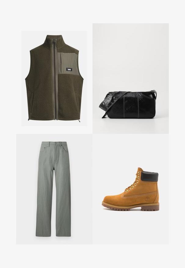 Flisasta brezrokavnika v temno olivno zeleni barvi z visokim ovratnikom, zadrgo in žepom na levem prsnem delu. Ima teksturirano blago in stranske žepe.; Kremna bombažna majica s kratkimi rokavi in okroglim izrezom. Ima grafični tisk v modri in rdeči barvi z besedilom in motivom.; Svijetlozelene široke hlače izrađene od mekog, teksturiranog materijala. Sadrže prednje dugme za zatvaranje i pet džepova.; Svetlo rjave anklne čizme iz semiša z črnim oblazinjenim ovratnikom, zlatimi kovinskimi očesci, belimi šivi in robustnim gumijastim podplatom s izrazitimi tredi.; Črna usnjena torba za ramo z zadrgo, ki ima teksturirano telo, belo šivanje in trak s srebrnimi luknjami.