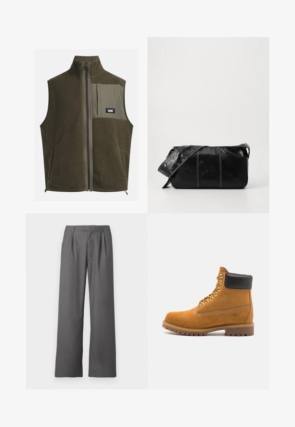Kamizelka polarowa w ciemnej oliwkowej zieleni, z wysokim kołnierzem, zapięciem na zamek i kieszonką na lewej piersi. Posiada teksturowany materiał oraz kieszenie boczne.; Kremowa bawełniana koszulka z krótkim rękawem i okrągłym dekoltem. Posiada graficzny nadruk w niebieskim i czerwonym kolorze z tekstem oraz motywem.; Szare spodnie o szerokich nogawkach, wykonane z gładkiego materiału, z plisowanym przodem, bocznymi kieszeniami oraz dopasowaną talią z szlufkami na pasek.; Beżowe zamszowe botki sięgające kostki z czarną wyściełaną krawędzią, złotymi oczkami, białymi detalami szycia oraz wytrzymałą gumową podeszwą z wyraźnym bieżnikiem.; Czarna skórzana torba na ramię z zamkiem błyskawicznym, charakteryzująca się teksturowanym korpusem, białymi przeszyciami oraz paskiem z srebrnymi osłonkami.