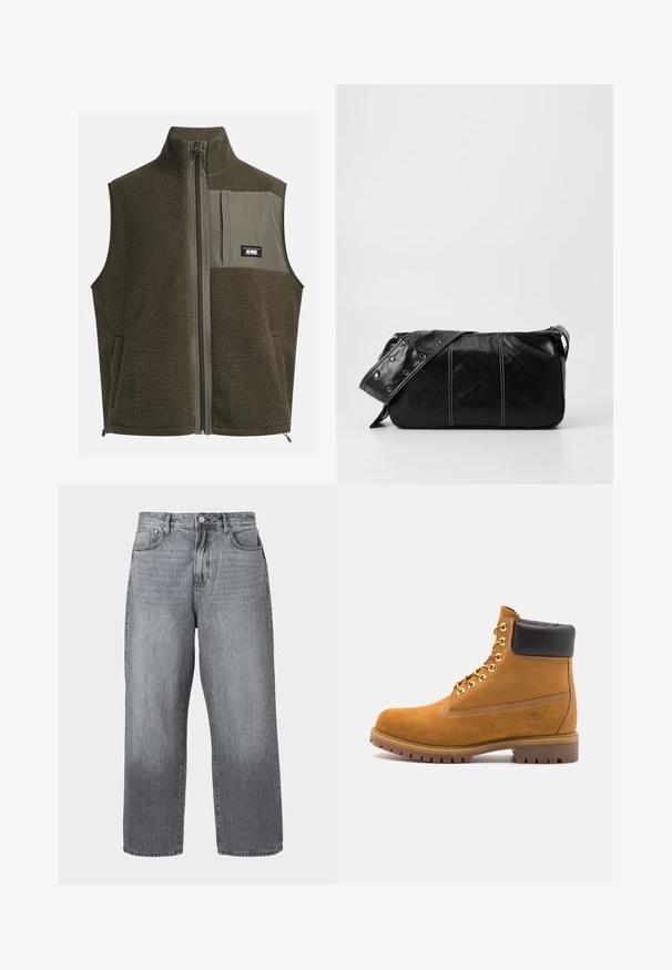 Fleece vest in donkergroen olijf met een hoge kraag, ritssluiting en een borstzak aan de linkerkant. Beschikt over een textuurstof en zijzakken.; Crème katoenen t-shirt met korte mouwen en een ronde hals. Kenmerkt een grafische print in blauw en rood met tekst en een motief.; Grijze denim wijde pijpen jeans met een hoge taille, vijf zakken en metalen sluiting. De stof vert toont lichte vervaging bij de zoom.; Tan suède enkelboot met zwart gevoerd kraagje, gouden metalen oogjes, witte stikdetails en een robuuste rubberen zool met uitgesproken profiel.; Zwarte leren schoudertas met een ritsluiting, voorzien van een gestructureerd lichaam, witte stiksels en een band met zilveren oogjes.