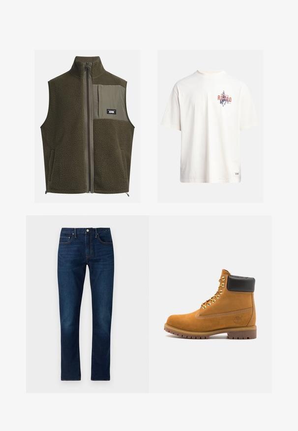 Fleece vesta v tmavě olivové barvě s vysokým límcem, zipovým uzávěrem a kapsou na levé části hrudi. Obsahuje texturovanou látku a boční kapsy.; Krémové bavlněné tričko s krátkými rukávy a kulatým výstřihem. Obsahuje grafický potisk v modré a červené barvě s textem a motivem.; Tmavě modré džíny z denimu s rovnou nohavicí. Mezi charakteristiky patří kontrastní švy, pět kapes a zapínání na přední knoflík.; Hnědé semišové kotníkové boty s černým polstrovaným límcem, zlatými kovovými očky, bílým prošíváním a odolnou gumovou podrážkou s výraznými drážkami.