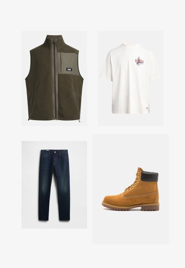 Fleece vest in dark olive green with a high collar, zip closure, and left chest pocket. Features textured fabric and side pockets.; Cream cotton t-shirt with short sleeves and a crew neckline. Features a graphic print in blue and red with text and a motif.; Dark blue denim jeans with a straight cut, featuring five pockets, a button fly, and subtle fading on the thighs. Classic stitching detail.; Tan suede ankle boot with black padded collar, gold metal eyelets, white stitching detailing, and rugged rubber sole with pronounced treads.