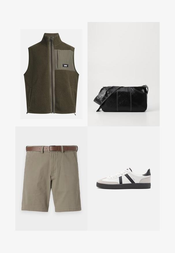 Fleece vest in donkergroen olijf met een hoge kraag, ritssluiting en een borstzak aan de linkerkant. Beschikt over een textuurstof en zijzakken.; Crème katoenen t-shirt met korte mouwen en een ronde hals. Kenmerkt een grafische print in blauw en rood met tekst en een motief.; Beige shorts met een ontspannen pasvorm, gemaakt van katoen. Voorzien van een bruine leren riem, zijzakken en een nette zoomafwerking.; Witte sneaker met zwarte en grijze accenten, voorzien van een grijze neus met textuur, zwarte rubberen zool en platte witte veters. Schoon ontwerp, minimalistische stijl.; Zwarte leren schoudertas met een ritsluiting, voorzien van een gestructureerd lichaam, witte stiksels en een band met zilveren oogjes.