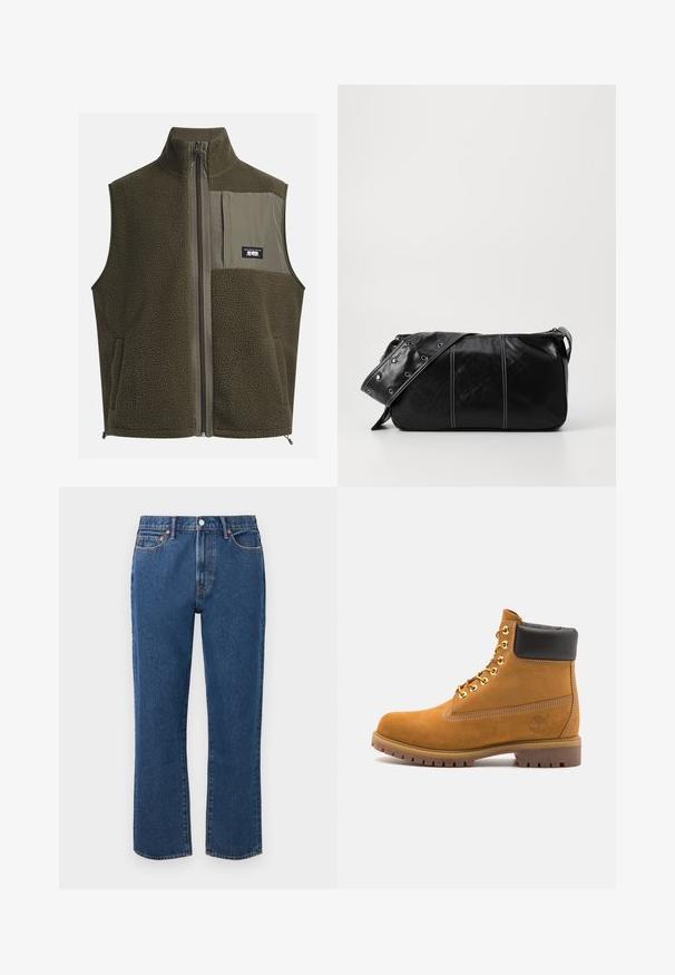 Chaleco de forro polar en verde oliva oscuro con cuello alto, cierre de cremallera y bolsillo en el pecho izquierdo. Presenta tejido texturizado y bolsillos laterales.; Camiseta de algodón crema con mangas cortas y cuello redondo. Presenta un estampado gráfico en azul y rojo con texto y un motivo.; Vaqueros rectos azul hechos de mezclilla, con cierre de botón, cinco bolsillos y detalles de costuras naranjas contrastantes.; Botín de ante marrón claro con collar acolchado negro, ojales de metal dorado, detalles de costura blanca y suela de goma resistente con tacos pronunciados.; Bolso de hombro de cuero negro con cierre de cremallera, que presenta un cuerpo texturizado, costuras blancas y una correa con ojales plateados.