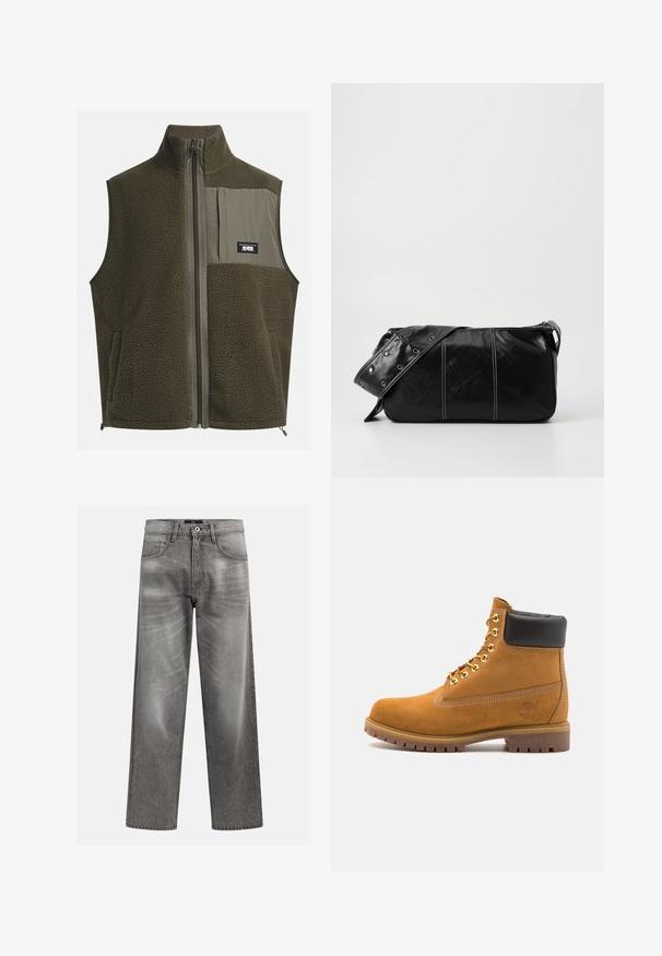 Tamsiai alyvuogių žalia vilnonė liemenė su aukštu apykakle, užtrauktuku ir kairiuoju krūtinės kišeniu. Yra tekstūruota medžiaga ir šoninės kišenės.; Kreminės spalvos medvilninė marškinė su trumptomis Rankovėmis ir apvaliu iškirpimu. Su grafiniu spausdinimu mėlynos ir raudonos spalvos su tekstu ir motyvu.; Pilkos džinsinės kelnės su laisvu siluetu, turinčios plaukų ir išblukimo detalių, klasikinis penkių kišenių dizainas ir mygtukų uždarymas.; Tan spalvą turintys suknelės batus iki kulkšnies su juodu paminkštintu apvadu, auksiniais metaliniais akių užsegimais, baltais siūlų dekoratyviniais elementais ir tvirtu guminiu padu su ryškiai išreikštais raštais.; Juodas odinis pečių krepšys su užtrauktuku, turintis tekstūruotą paviršių, baltą siuvinėjimą ir dirželį su sidabinėmis metalinėmis detalėmis.