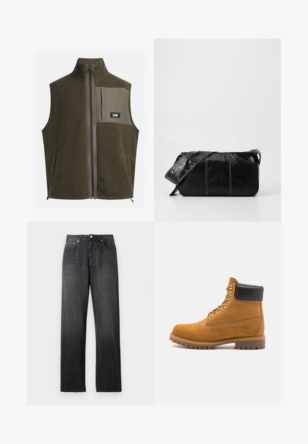 Gilet en polaire de couleur vert olive foncé avec un col haut, fermeture éclair et poche sur la poitrine gauche. Il présente un tissu texturé et des poches latérales.; T-shirt en coton crème à manches courtes et col rond. Présente un imprimé graphique en bleu et rouge avec du texte et un motif.; Jean noir taille haute à jambes droites avec bouton et fermeture éclair à l'avant, deux poches avant et un léger délavage.; Bottine en daim beige avec un col rembourré noir, œillets en métal doré, détails de surpiqûres blanches et semelle en caoutchouc robuste avec des crampons prononcés.; Sac à épaule en cuir noir avec une fermeture éclair, doté d'un corps texturé, de coutures blanches et d'une sangle avec des œillets en argent.