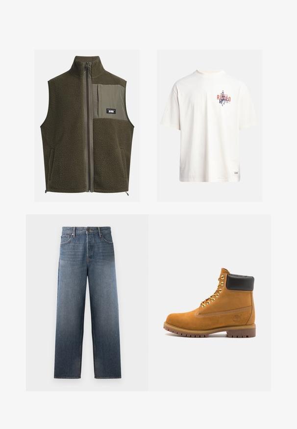 Flisasta brezrokavnika v temno olivno zeleni barvi z visokim ovratnikom, zadrgo in žepom na levem prsnem delu. Ima teksturirano blago in stranske žepe.; Kremna bombažna majica s kratkimi rokavi in okroglim izrezom. Ima grafični tisk v modri in rdeči barvi z besedilom in motivom.; Denimske hlače v srednji modri barvi s ravnim krojem, ki imajo pet žepov, zadrgo in gumb, ter diskretne učinke bledenja.; Svetlo rjave anklne čizme iz semiša z črnim oblazinjenim ovratnikom, zlatimi kovinskimi očesci, belimi šivi in robustnim gumijastim podplatom s izrazitimi tredi.