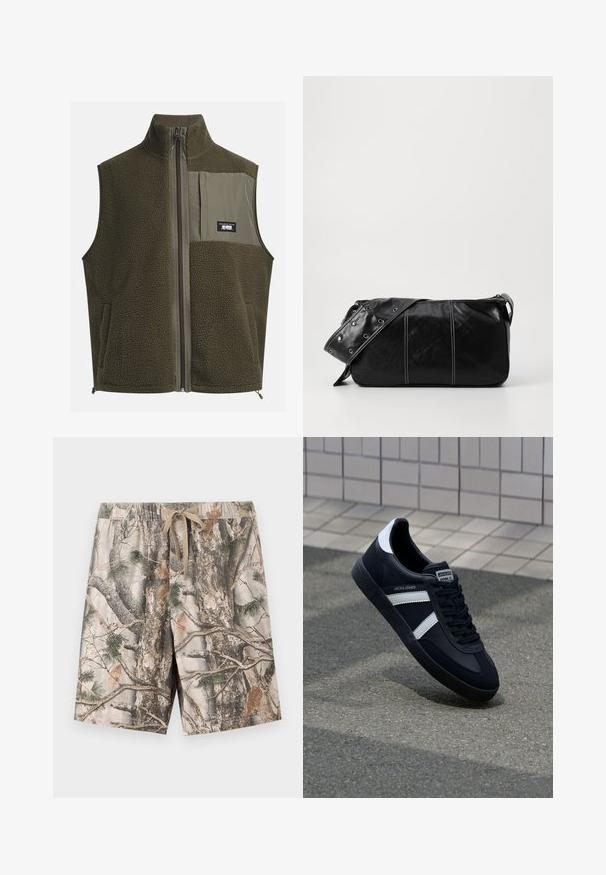 Gilet in pile di colore verde oliva scuro con colletto alto, chiusura a zip e tasca sul petto a sinistra. Caratterizzato da un tessuto testurizzato e tasche laterali.; T-shirt in cotone crema con maniche corte e scollatura a girocollo. Presenta una stampa grafica in blu e rosso con testo e un motivo.; Bermuda a fantasia mimetica realizzate in tessuto leggero; presentano una vita elastica con cordoncino; i colori includono beige, marrone e verde.; Sneaker neri in pelle con strisce bianche, suola in gomma texturizzata e allacciatura frontale. Presenta un'etichetta con il marchio sulla linguetta.; Borsa a spalla in pelle nera con chiusura a zip, caratterizzata da un corpo testurizzato, cuciture bianche e una tracolla con occhielli in argento.