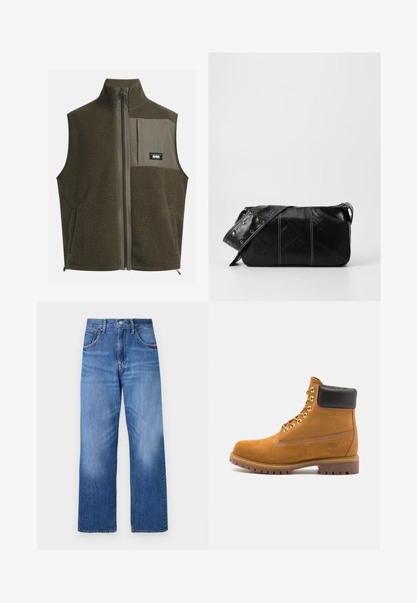 Fleeceveste i mørk olivengrøn med høj krave, lynlås lukning og venstre brystlomme. Har struktureret stof og sidelommer.; Kerman puuvillane T-särk lühikeste varrukatega ja ümmarguse kaelusega. Omab sinist ja punast graafilist trükist tekstiga ja motiiviga.; Vaaleansiniset farkut, joissa on leveät lahkeet, viisi taskua, etupainike ja hillitty kuluminen edessä.; Valkoinen nahkainen nilkkuri mustalla pehmustetulla kauluksella, kultaisilla metallisilla rei'illä, valkoisella ompeluksella ja jykevällä kumipohjalla, jossa on selvästi näkyvät urat.; Mustakulmainen nahkainen olkalaukku, jossa on vetoketjukiinnitys, teksturoitu pinta, valkoiset ompeleet ja hihna, jossa on hopeiset niitit.