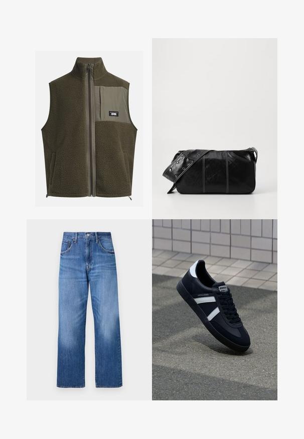 Gilet in pile di colore verde oliva scuro con colletto alto, chiusura a zip e tasca sul petto a sinistra. Caratterizzato da un tessuto testurizzato e tasche laterali.; T-shirt in cotone crema con maniche corte e scollatura a girocollo. Presenta una stampa grafica in blu e rosso con testo e un motivo.; Jeans in denim azzurro chiaro con un design a gamba larga, dotati di cinque tasche, chiusura frontale con bottone e sbiaditure sottili sul davanti.; Sneaker neri in pelle con strisce bianche, suola in gomma texturizzata e allacciatura frontale. Presenta un'etichetta con il marchio sulla linguetta.; Borsa a spalla in pelle nera con chiusura a zip, caratterizzata da un corpo testurizzato, cuciture bianche e una tracolla con occhielli in argento.