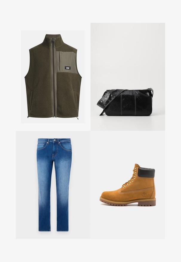 Flis vest u tamno maslinastoj boji s visokim ovratnikom, zatvaranjem na munje i džepom na lijevoj strani prsa. Ima teksturiranu tkaninu i bočne džepove.; Kremasta pamukasta majica s kratkim rukavima i okruglim izrezom. Ima grafički ispis u plavoj i crvenoj boji s tekstom i motivom.; Svijetloplave traperice s postepenim izbljeđivanjem, ravnog kroja, pet džepova i kontrastnim narančastim šavovima. Klasična tekstura denima.; Antracitne antilop čizme do gležnjeva s crnim podstavljenim ovratnikom, zlatnim metalnim rupicama, bijelim šavovima i robusnom gumenom potplatom s izraženim šarama.; Crna kožna torba preko ramena s zatvaranjem na patentni zatvarač, s teksturiranim tijelom, bijelim šavovima i remenom sa srebrnim okovima.