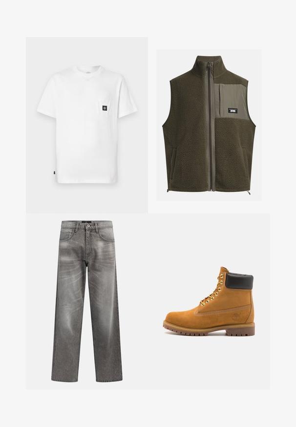Fleece vest in dark olive green with a high collar, zip closure, and left chest pocket. Features textured fabric and side pockets.; White cotton T-shirt with a crew neckline, short sleeves, and a chest pocket featuring a black logo patch. Smooth texture, relaxed fit.; Gray denim wide-leg jeans with a faded finish, classic five-pocket design, and a metal button closure. Textured fabric with subtle wear details.; Tan suede ankle boot with black padded collar, gold metal eyelets, white stitching detailing, and rugged rubber sole with pronounced treads.