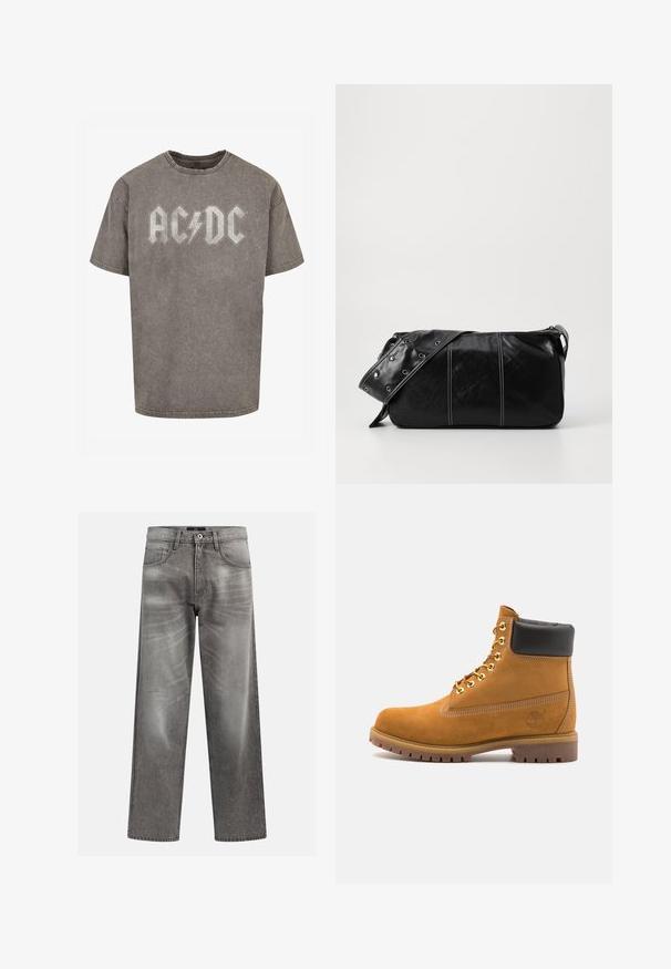 Fleecevest i mørk olivengrønn med høy krage, glidelås og lomme på venstre bryst. Har teksturert stoff og sidelommer.; Grå oversized t-skjorte laget av bomull med en falmet, slitt tekstur. Har en markant AC/DC-logo i en kontrasterende lysfarge.; Grå denim jeans med løs passform, som har slitne og falmede detaljer, en klassisk fem-lommers design og en knappelukking.; Beige semskede ankelstøvel med svart polstret krage, gullmetalløyer, hvite sømdetaljer og robust gummisåle med påfallende mønster.; Svart lær skulderveske med glidelås, med teksturert overflate, hvite sømmer og en stropp med sølvringer.
