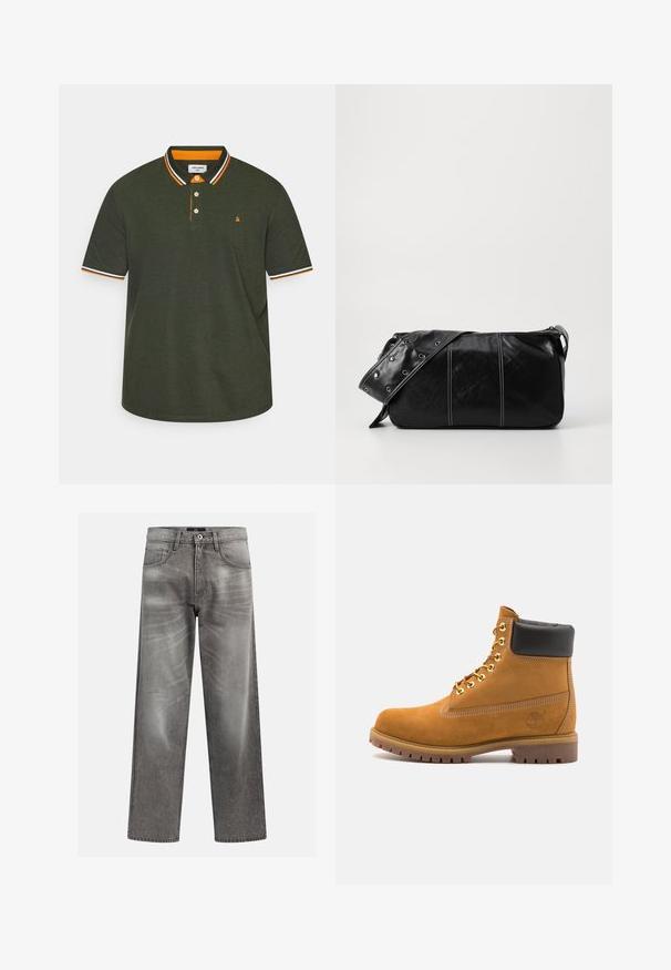 Sötét olíva zöld színű fleece mellény magas gallérral, cipzáras záródással és bal oldali mellzsebbe. Texturált anyaggal és oldalzsebekkel rendelkezik.; Sötétzöld pólóing, narancssárga és fehér csíkos gallérral, háromgombos kivágással és kis logóval a mellkasán.; Szürke farmernadrág, laza fazonnal, kopott és kifakulás részletekkel, klasszikus öt zsebes kialakítással és gombos záródással.; Barna velúr bokacipő fekete párnázott gallérral, arany fém fűzőlyukakkal, fehér varrási részletekkel és durva gumitalppal, amelynek kifejezett barázdái vannak.; Fekete bőr válltáska, cipzárral zárva, texturált felülettel, fehér varrással és ezüst fémgyűrűs pánttal.