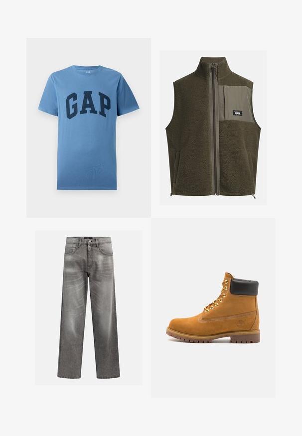 Cielā vilnas veste tumši olīvu zaļā krāsā ar augstu apkakli, rāvējslēdzēja aizdari un kreiso krūšu kabatu. Iezīmē teksturētu audumu un sānu kabatas.; Zils īsām piedurknēm kreklu ar apaļu kakla izgriezumu, uz kura krūtīm ir liels tumši zils "GAP" uzraksts.; Pelēki denim džinsi ar brīvu piegriezumu, ar izsistu un izbalējušu detaļu, klasisko piecu kabatu dizainu un pogu aizdari.; Brūna zamša potīte ar melnu izšuvumu ap kaklu, zelta metāla acu caurumi, balta šuvju apdare un izturīgs gumijas zole ar izteiktu zīmējumu.