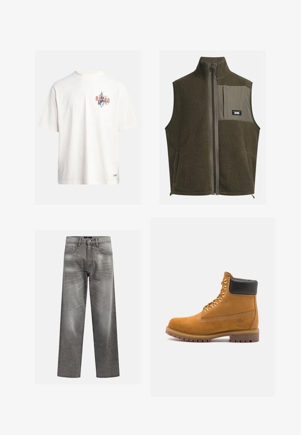 Fleecevest i mørk olivenfarve med høj krave, lynlåslukning og brystlomme til venstre. Har tekstureret stof og sidelommer.; Cremefarvet bomulds t-shirt med korte ærmer og rund halsudskæring. Har et grafisk print i blåt og rødt med tekst og motiv.; Grå denim jeans med en løs pasform, der har whiskering og falmede detaljer, et klassisk fem-lomme design og en knaplukning.; Tan nubuck ankelstøvle med sort polstret krave, gyldne metaløjer, hvid syning detaljer og robust gummisål med udtalte slidbaner.