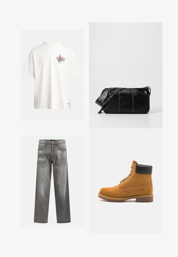 Fleece vest in dark olive green with a high collar, zip closure, and left chest pocket. Features textured fabric and side pockets.; Cream cotton t-shirt with short sleeves and a crew neckline. Features a graphic print in blue and red with text and a motif.; Gray denim jeans with a loose fit, featuring whiskering and fading details, a classic five-pocket design, and a button closure.; Tan suede ankle boot with black padded collar, gold metal eyelets, white stitching detailing, and rugged rubber sole with pronounced treads.; Black leather shoulder bag with a zip closure, featuring a textured body, white stitching, and a strap with silver grommets.