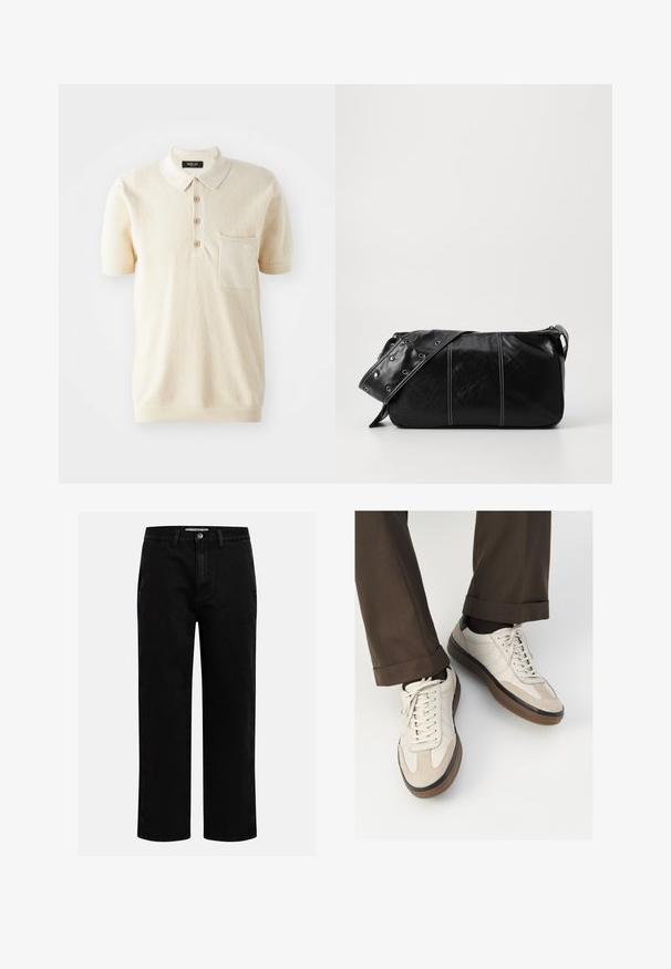 Fleece vesta v tmavě olivové barvě s vysokým límcem, zipovým uzávěrem a kapsou na levé části hrudi. Obsahuje texturovanou látku a boční kapsy.; Světle béžové polo tričko s krátkým rukávem, vyrobené z texturovaného úpletu, s tříknoflíkovou légou a náprsní kapsou na levé straně hrudi. Měkká tkanina.; Černé džíny s rovnými nohavicemi, klasickým pětipocketovým designem a knoflíkovým zapínáním v pase. Hladká textura a odolná látka.; Béžové tenisky s texturovanou semišovou špičkou, hladkými koženými boky a hnědou gumovou podrážkou. Na šněrování a lehkém prošití je detail.; Černá kožená kabelka přes rameno se zapínáním na zip, s texturovaným tělem, bílým prošíváním a popruhem se stříbrnými očky.