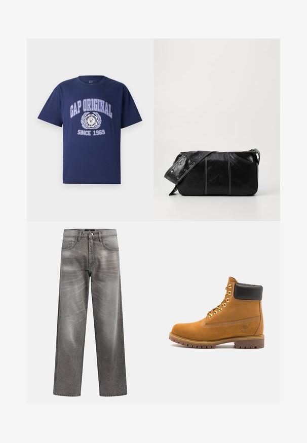 Flisasta brezrokavnika v temno olivno zeleni barvi z visokim ovratnikom, zadrgo in žepom na levem prsnem delu. Ima teksturirano blago in stranske žepe.; Mornarsko modra bombažna majica s kratkimi rokavi, ki vsebuje napis "GAP ORIGINAL" in grafični dizajn, krožni emblem ter "SINCE 1969" spodaj.; Sive široke kavbojke iz jeansa z bledim zaključkom, klasičnim petžepnim dizajnom in zapiranjem na kovinski gumb. Teksturirano blago z nežnimi detajli obrabe.; Svetlo rjave anklne čizme iz semiša z črnim oblazinjenim ovratnikom, zlatimi kovinskimi očesci, belimi šivi in robustnim gumijastim podplatom s izrazitimi tredi.; Črna usnjena torba za ramo z zadrgo, ki ima teksturirano telo, belo šivanje in trak s srebrnimi luknjami.