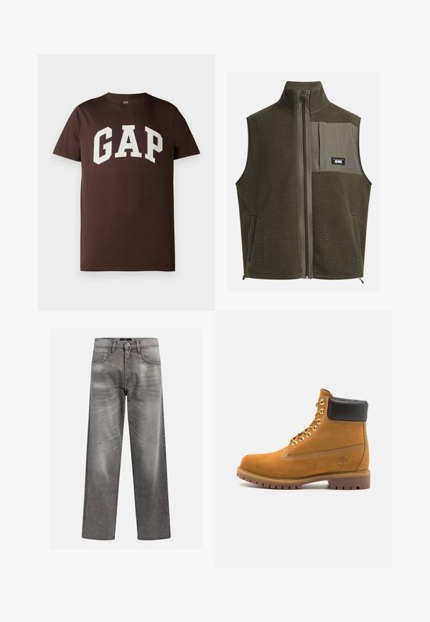 Fleecevest i mørk olivengrønn med høy krage, glidelås og lomme på venstre bryst. Har teksturert stoff og sidelommer.; Brun bomull T-skjorte med en hvit "GAP" logo i en fet, kollegial skrifttype. Korte ermer og rund hals. Glatt tekstur.; Grå denim jeans med løs passform, som har slitne og falmede detaljer, en klassisk fem-lommers design og en knappelukking.; Beige semskede ankelstøvel med svart polstret krage, gullmetalløyer, hvite sømdetaljer og robust gummisåle med påfallende mønster.