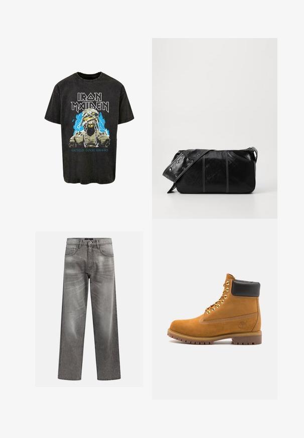Fleece vest v tmavo olivovej farbe s vysokým golierom, zipsom a vreckom na ľavej strane hrude. Obsahuje textúrovanú tkaninu a bočné vrecká.; Čierne bavlnené tričko s grafikou lebky obalené obväzmi a reťazami, s modrými bleskovými prvkami a nápisom "Iron Maiden World Tour 1984-85."; Sivý denimové džínsy s voľným strihom, s detailmi v podobe blednutia a vyblednutej textúry, klasický dizajn s piatimi vreckami a zapínaním na gombík.; Tyrkysové semišové členkové topánky s čiernym polstrovaným golierom, zlatými kovovými očkami, bielym prešívaním a robustnou gumovou podrážkou s výraznými drážkami.; Čierna kožená kabelka cez plece so zipsovým uzáverom, so štruktúrovaným telom, bielym prešívaním a popruhom so striebornými očkami.