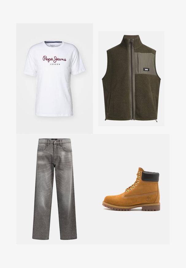 Flis vest u tamno maslinastoj boji s visokim ovratnikom, zatvaranjem na munje i džepom na lijevoj strani prsa. Ima teksturiranu tkaninu i bočne džepove.; Bijela pamučna majica s maroon "Pepe Jeans" logotipom i natpisom "LONDON", okrugli izrez, kratki rukavi i opušteni kroj.; Sive traper hlače širokih nogavica s izblijedjelim finišem, klasičnim dizajnom s pet džepova i metalnim kopčanjem na gumb. Teksturirani materijal s diskretnim znakovima nošenja.; Antracitne antilop čizme do gležnjeva s crnim podstavljenim ovratnikom, zlatnim metalnim rupicama, bijelim šavovima i robusnom gumenom potplatom s izraženim šarama.