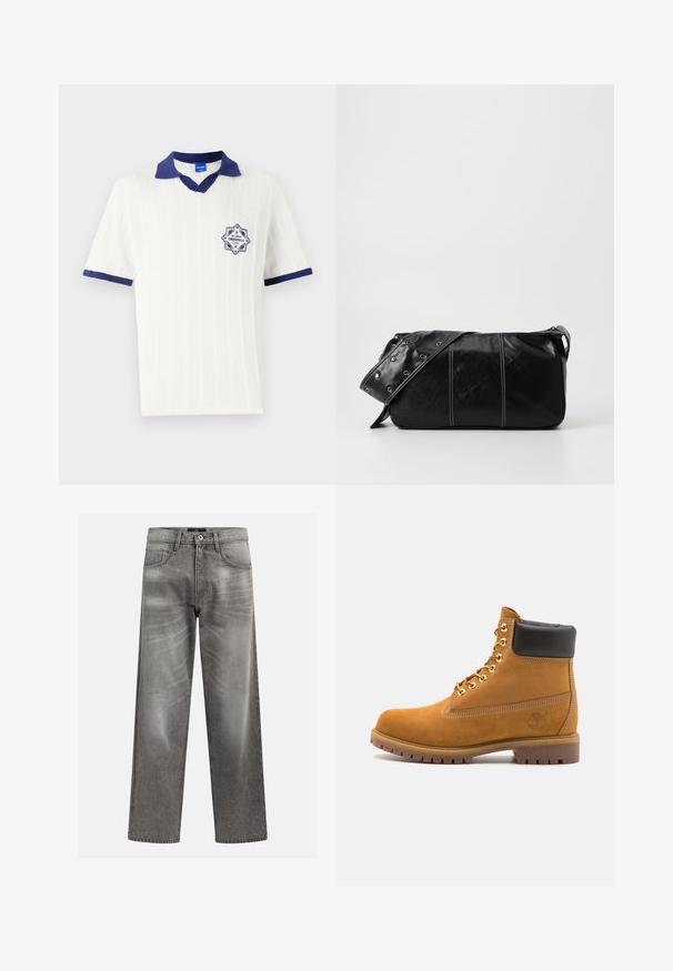 Gilet in pile di colore verde oliva scuro con colletto alto, chiusura a zip e tasca sul petto a sinistra. Caratterizzato da un tessuto testurizzato e tasche laterali.; Polo bianco a maniche corte con colletto e rifiniture blu navy. Presenta un motivo testurizzato e un distintivo blu navy con dettagli "EST 1980".; Jeans in denim grigio a vestibilità ampia, con dettagli di whiskering e scoloritura, design classico a cinque tasche e chiusura con bottone.; Stivale alla caviglia in suede tan con collare imbottito nero, occhielli in metallo dorato, dettagli in cucitura bianca e suola in gomma robusta con battistrada pronunciato.; Borsa a spalla in pelle nera con chiusura a zip, caratterizzata da un corpo testurizzato, cuciture bianche e una tracolla con occhielli in argento.