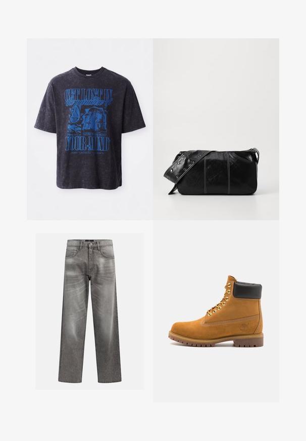 Fleecevest i mørk olivengrønn med høy krage, glidelås og lomme på venstre bryst. Har teksturert stoff og sidelommer.; Oversized svart bomull T-skjorte med blå grafisk tekst og bilder, inkludert en sommerfugl og et stilisert ansikt, i en slitt finish.; Grå denim jeans med løs passform, som har slitne og falmede detaljer, en klassisk fem-lommers design og en knappelukking.; Beige semskede ankelstøvel med svart polstret krage, gullmetalløyer, hvite sømdetaljer og robust gummisåle med påfallende mønster.; Svart lær skulderveske med glidelås, med teksturert overflate, hvite sømmer og en stropp med sølvringer.